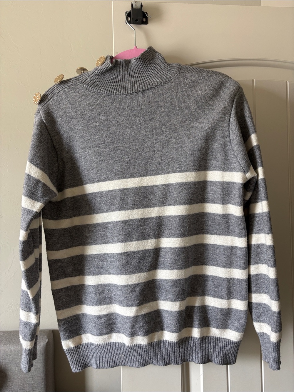 Amazon Striped Mock Neck Sweater - Gray & Cream with Button Shoulder